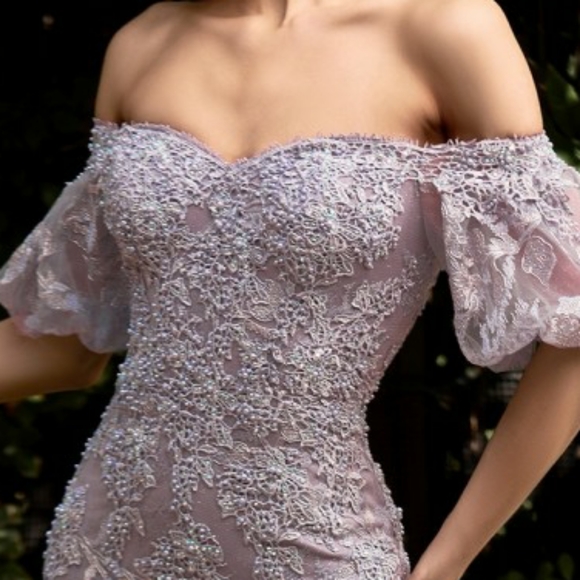 Off the shoulder puff sleeve rose or violet purple lace beaded mermaid gown - Picture 2 of 7